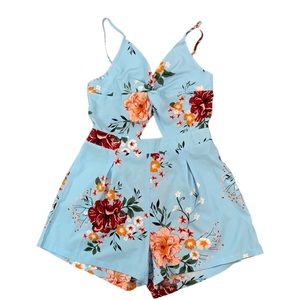 Shein Floral Knot Front Romper EUC Size L Adjustable Straps V-Neck Tie-b…